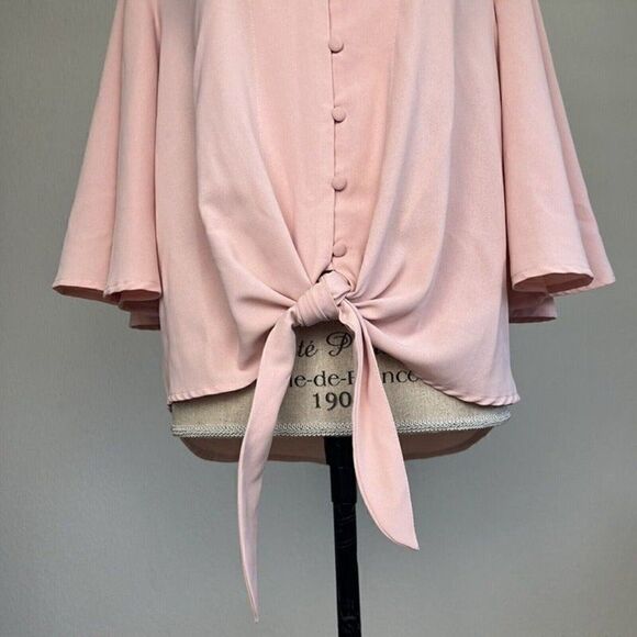 Womens Baby Pink Button Up V Neck Summer Loose Blouses Wide Flare Sleeves Large - Picture 8 of 11